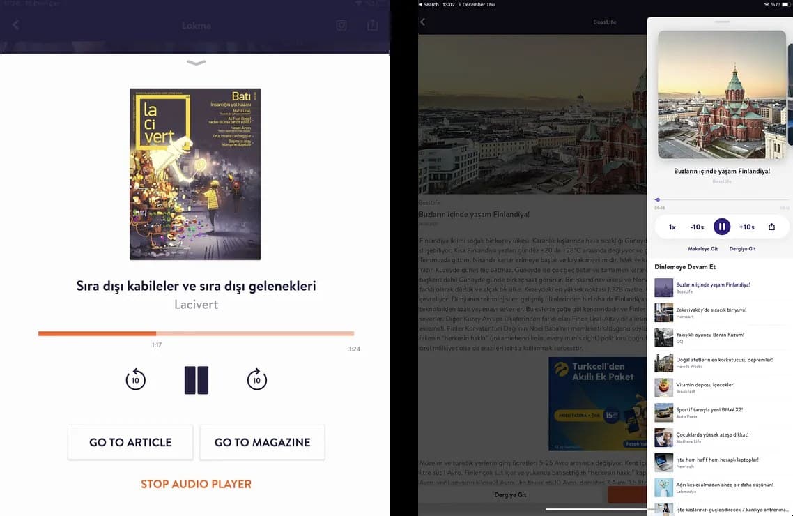 The Dergilik audio player: the first version with only play and pause, and the later version with speed, skip and a continue-listening list