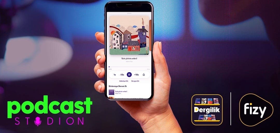 The Podcast Studion launch visual: a phone playing a podcast, with the Podcast Studion, Dergilik and fizy logos