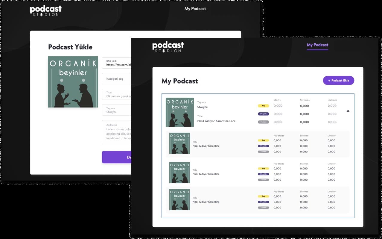 Podcast Studion screens for uploading and managing a podcast