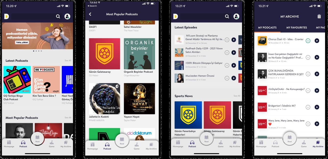 Podcasts in the Dergilik app across four screens: featured podcasts, most popular, latest episodes, and my archive