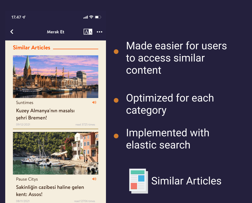 A Dergilik article with a Similar Articles row underneath, and notes on how it was built