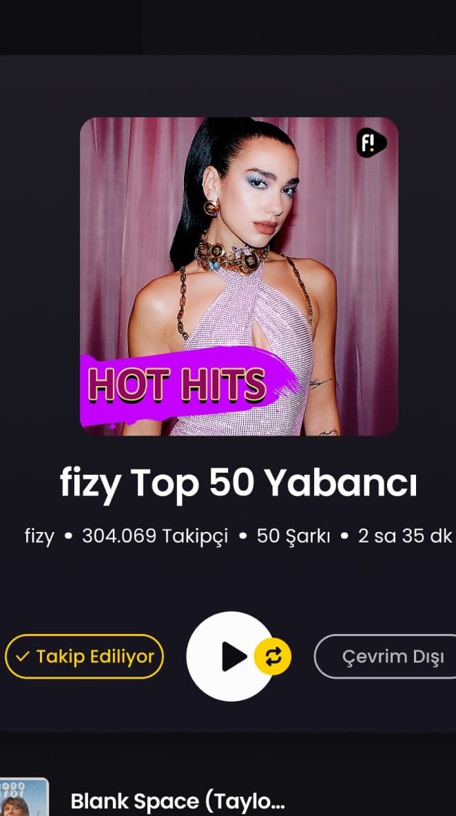 The fizy app showing the fizy Top 50 playlist