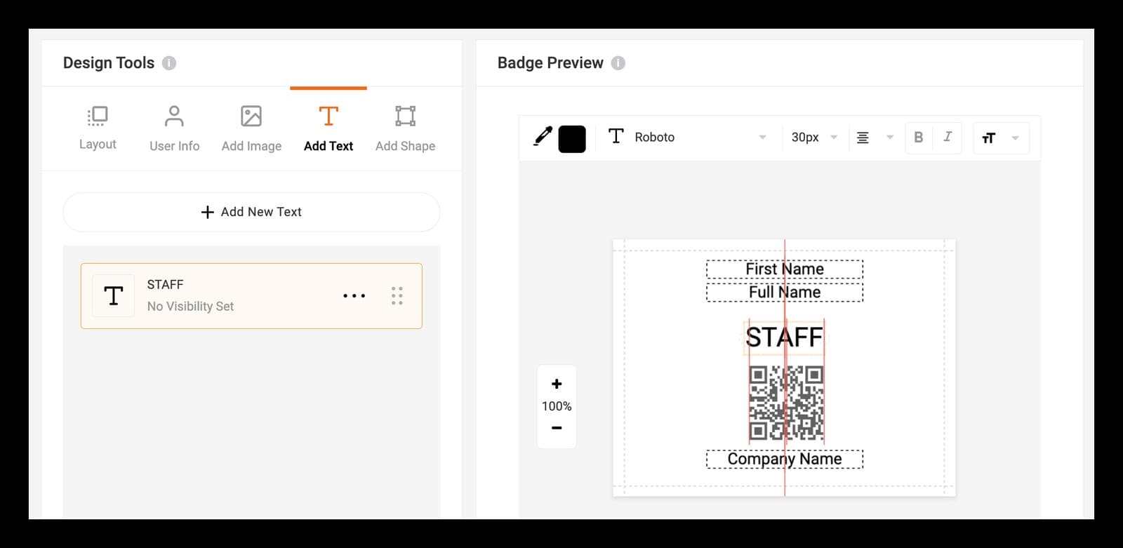 The badge designer with design tools on the left and a badge preview on the right