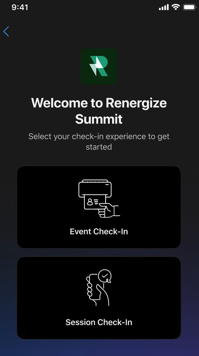 The Onsite app welcome screen with two choices, Event Check-In and Session Check-In