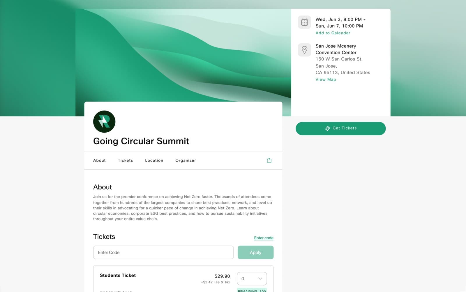 A registration page built with Webex Events: event banner, dates, venue, and a ticket list