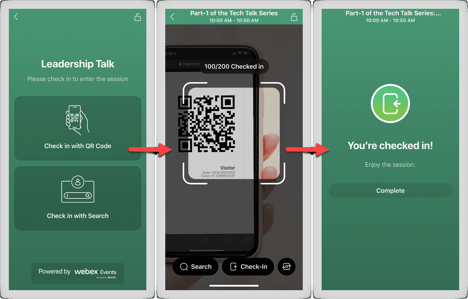 Three screens of the Onsite app: choose QR code or search, scan the code, and the message You're checked in